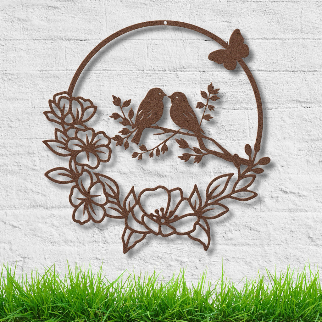 Love Birds Metal Wall Art, Floral Wreath Sign, Anniversary Gift, Nursery Bird Wall Decor