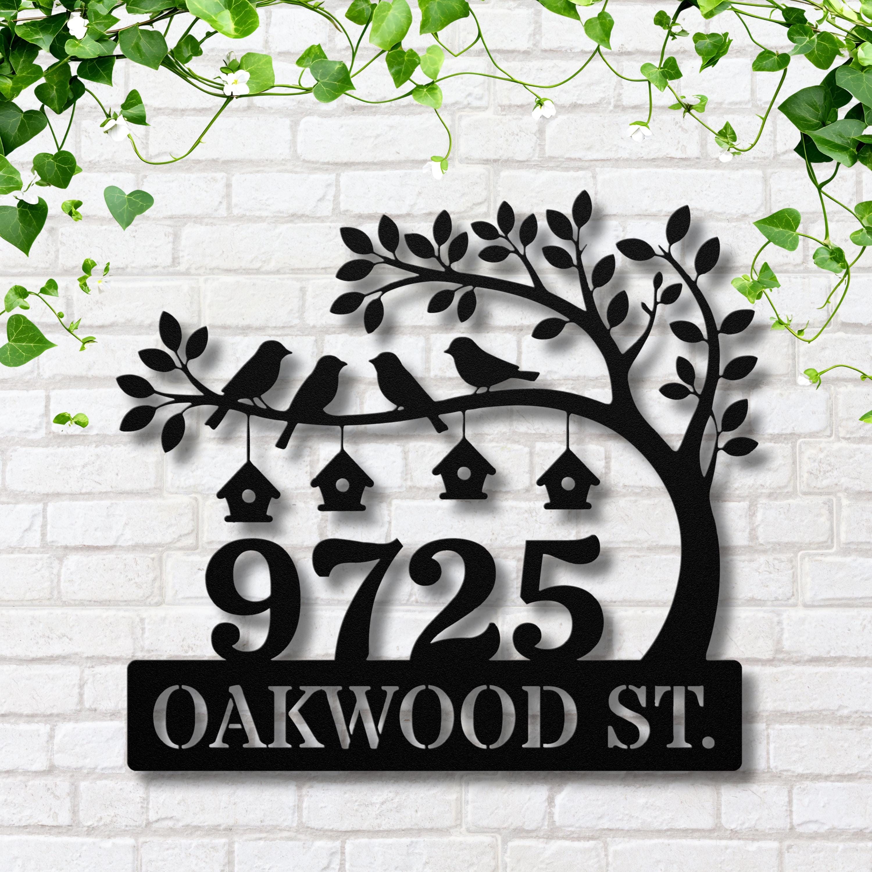 Personalized Metal Address Sign, Custom House Number Plaque, Tree Birdhouse Decor, Street Name Sign