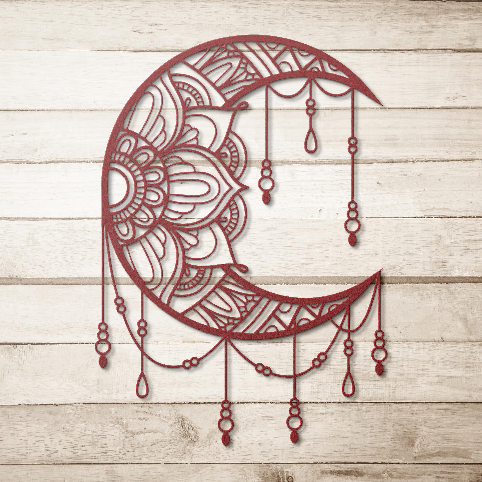 Mandala Crescent Moon Black Metal Cutout - Intricate Mandala Design Boho Wall Art