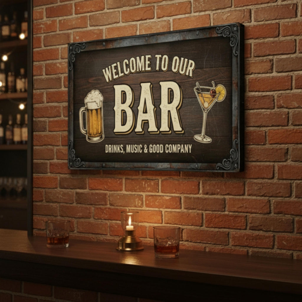 Welcome Bar Sign - Rustic Pub Decor | Custom Metal Bar Plaque With Beer Mug Art