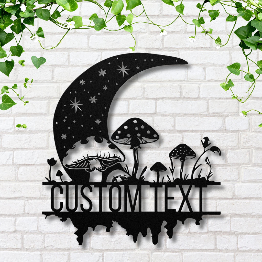 Personalized Moon and Mushroom Metal Sign, Celestial Wall Art, Forest Garden Decor