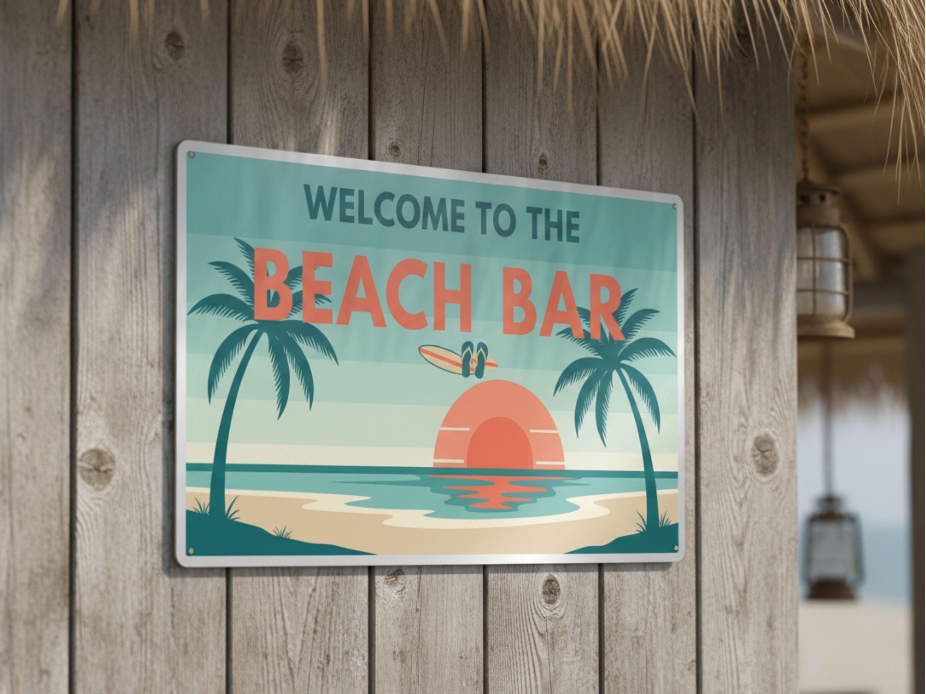 Beach Bar Metal Sign, Tropical Wall Art, Coastal Decor, Surfboard Sign, Tiki Bar Poster