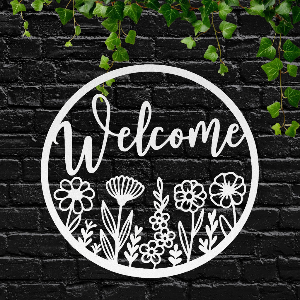 Floral Welcome Metal Sign, Round Door Hanger, Housewarming Gift