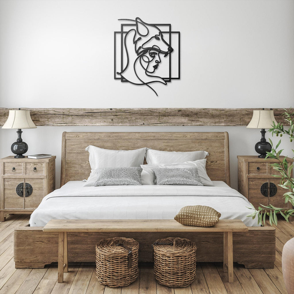 Woman and Wolf Metal Art, Minimalist Line Sign, Spirit Animal Decor, Wild Nature Gift, Black Metal Wall Art