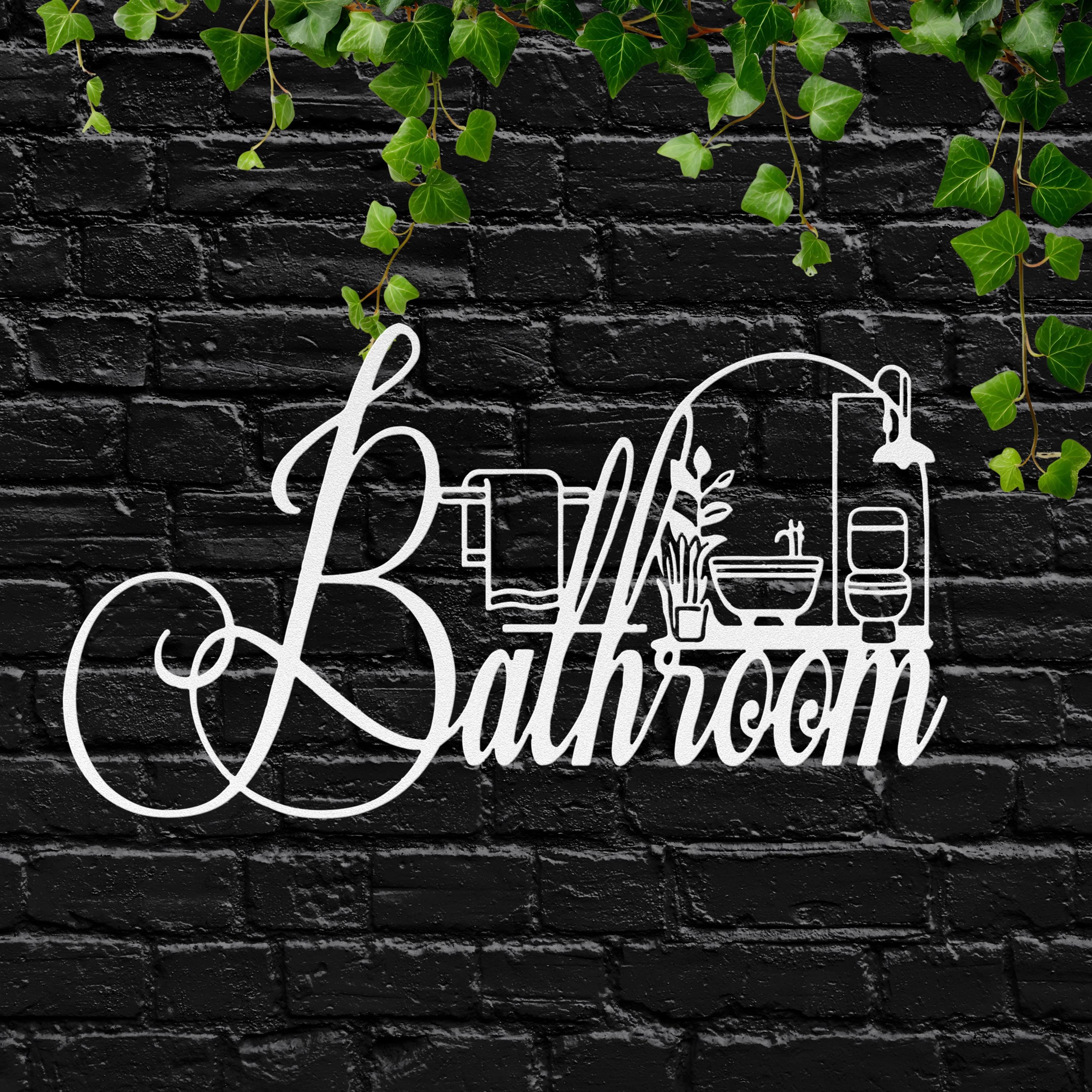 Bathroom Metal Sign Decor | Black Die Cut Wall Art for Restroom | Modern Farmhouse Powder Room Door Hanger | Housewarming Gift