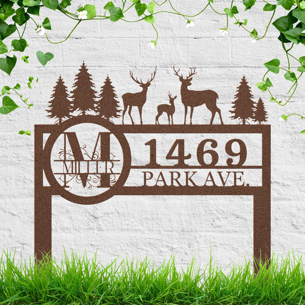 Deer Family Monogram Address Sign, Personalized Metal Yard Stake, Custom House Number Plaque, Woodland Rustic New Home Gift