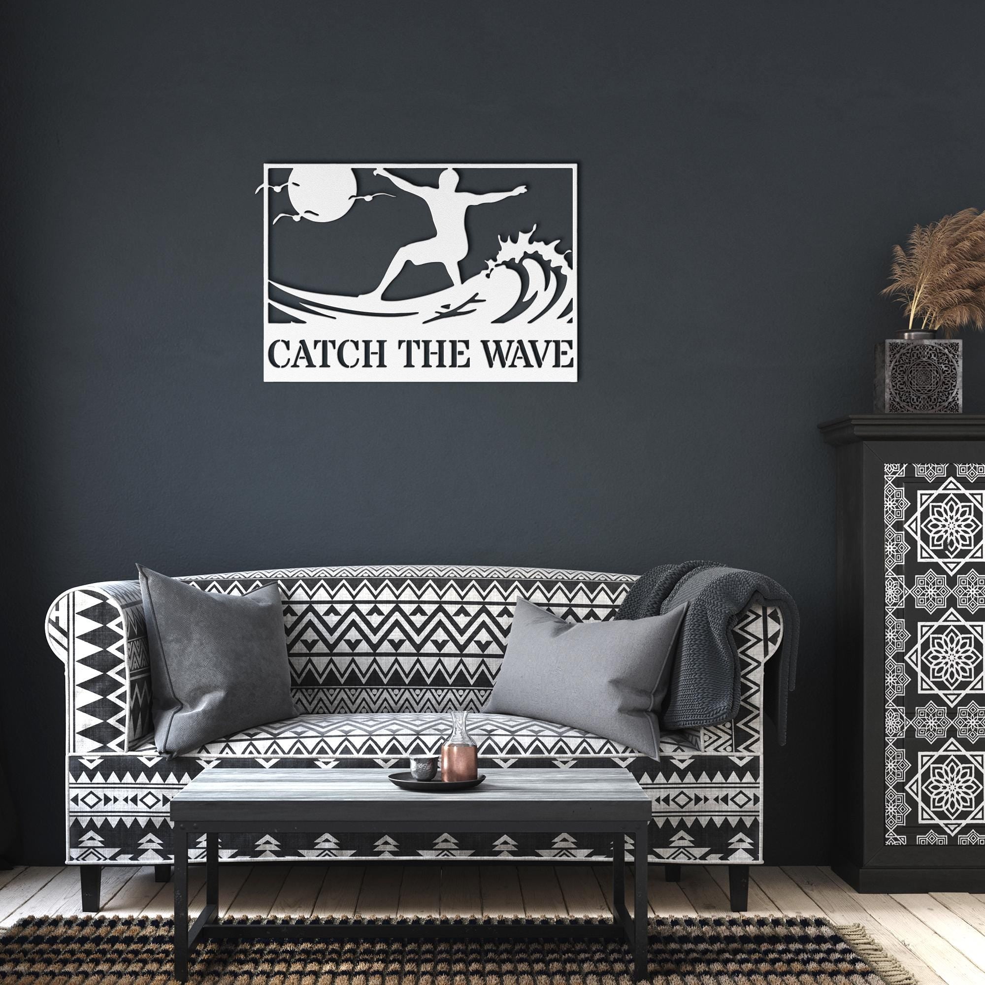 Personalized Catch The Wave Metal Sign, Surfer Wall Art, Beach House Ocean Decor