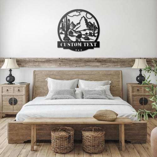Custom Desert Metal Sign | Personalized Cactus Art | Landscape Home Decor | Southwestern Scene Die-Cut | Mountain Roadrunner Gift
