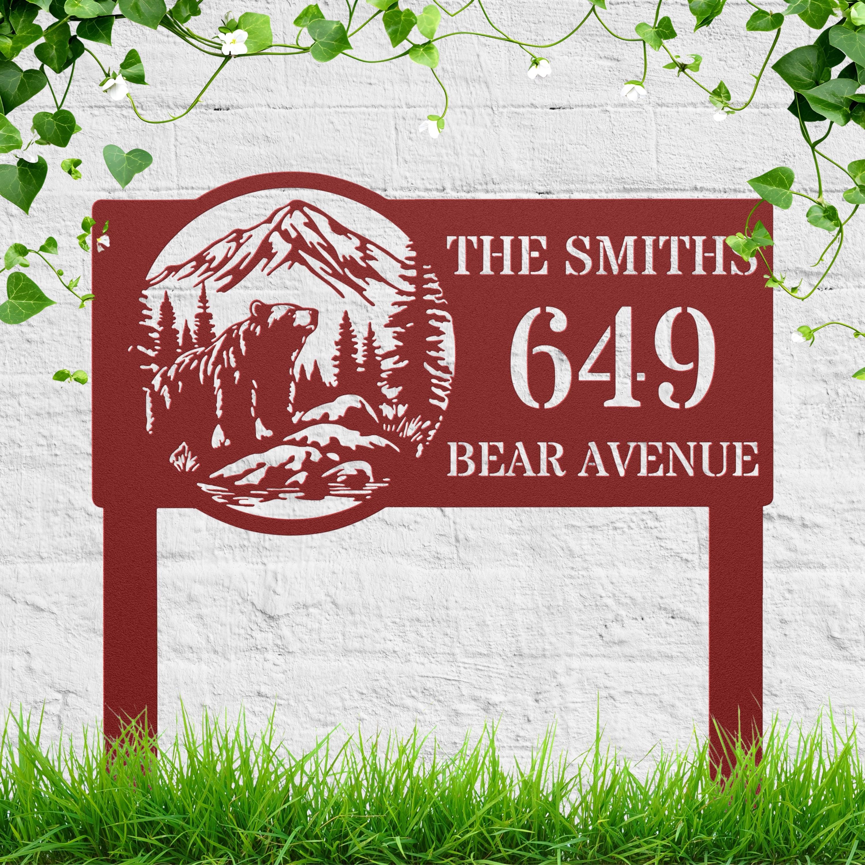 Personalized Metal Sign - Rustic Bear Themed House Number Plaque | Durable Steel Yard Stake