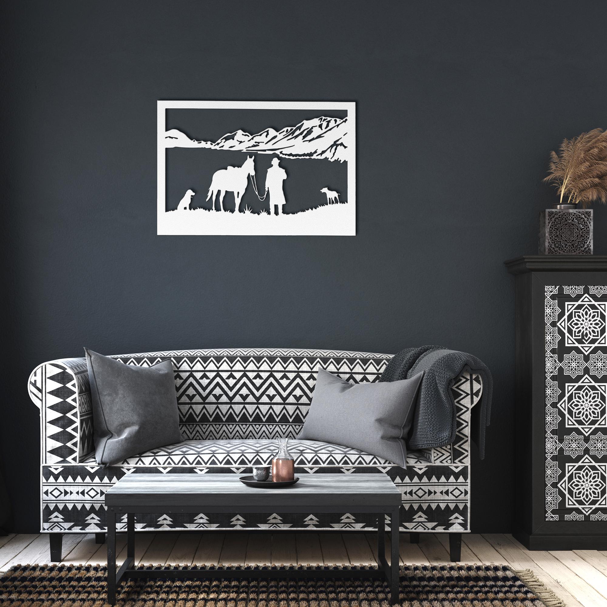 Cowboy Horse Dogs Metal Wall Art | Ranch & Lake Silhouette | Western Landscape Sign | Rustic Cabin Decor | Outdoor Gift