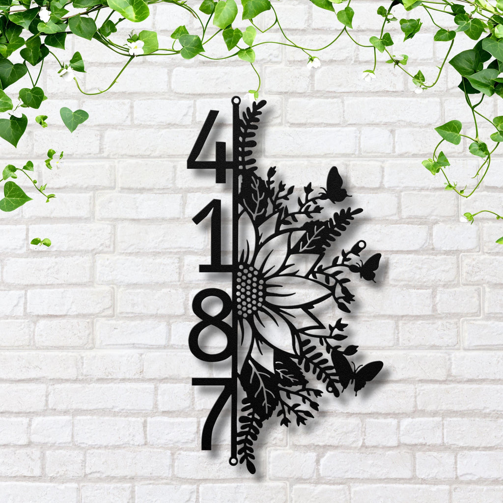 Vertical Sunflower Metal Address Sign, Custom House Numbers, Floral Plaque
