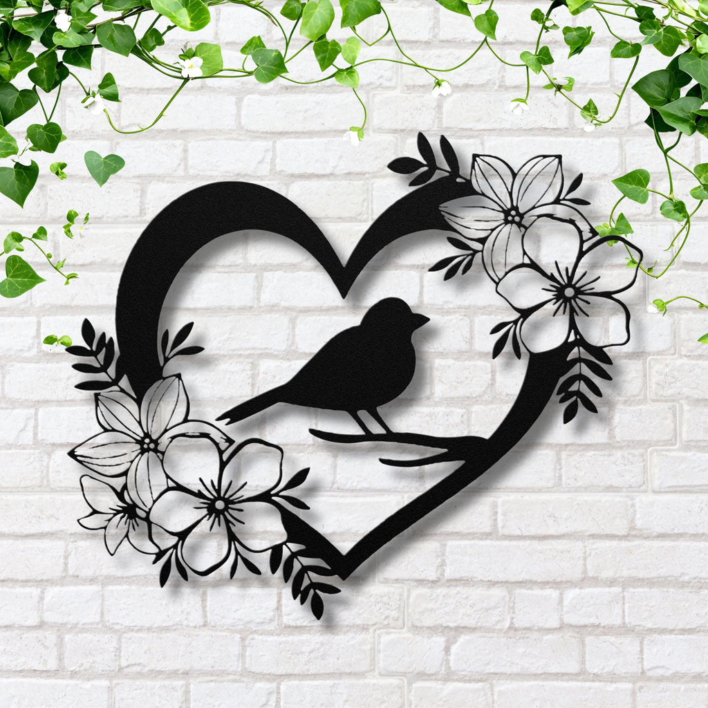 Heart Bird Metal Wall Art with Flowers | Nature Silhouette Home Decor | Love & Memorial Sign | Die-Cut Metal Gift