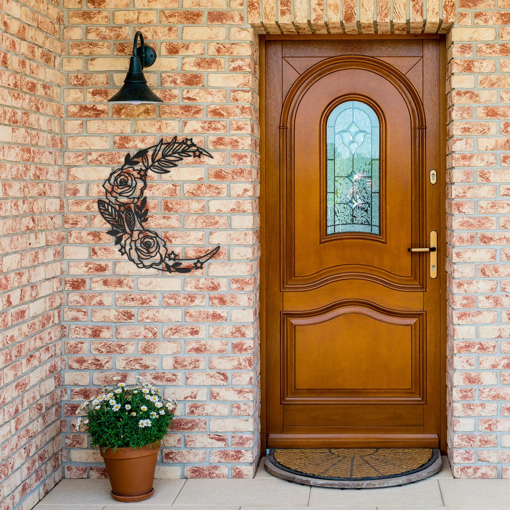 Floral Crescent Moon Metal Wall Art | Rose and Stars Witchy Decor | Boho Nursery Bedroom Sign