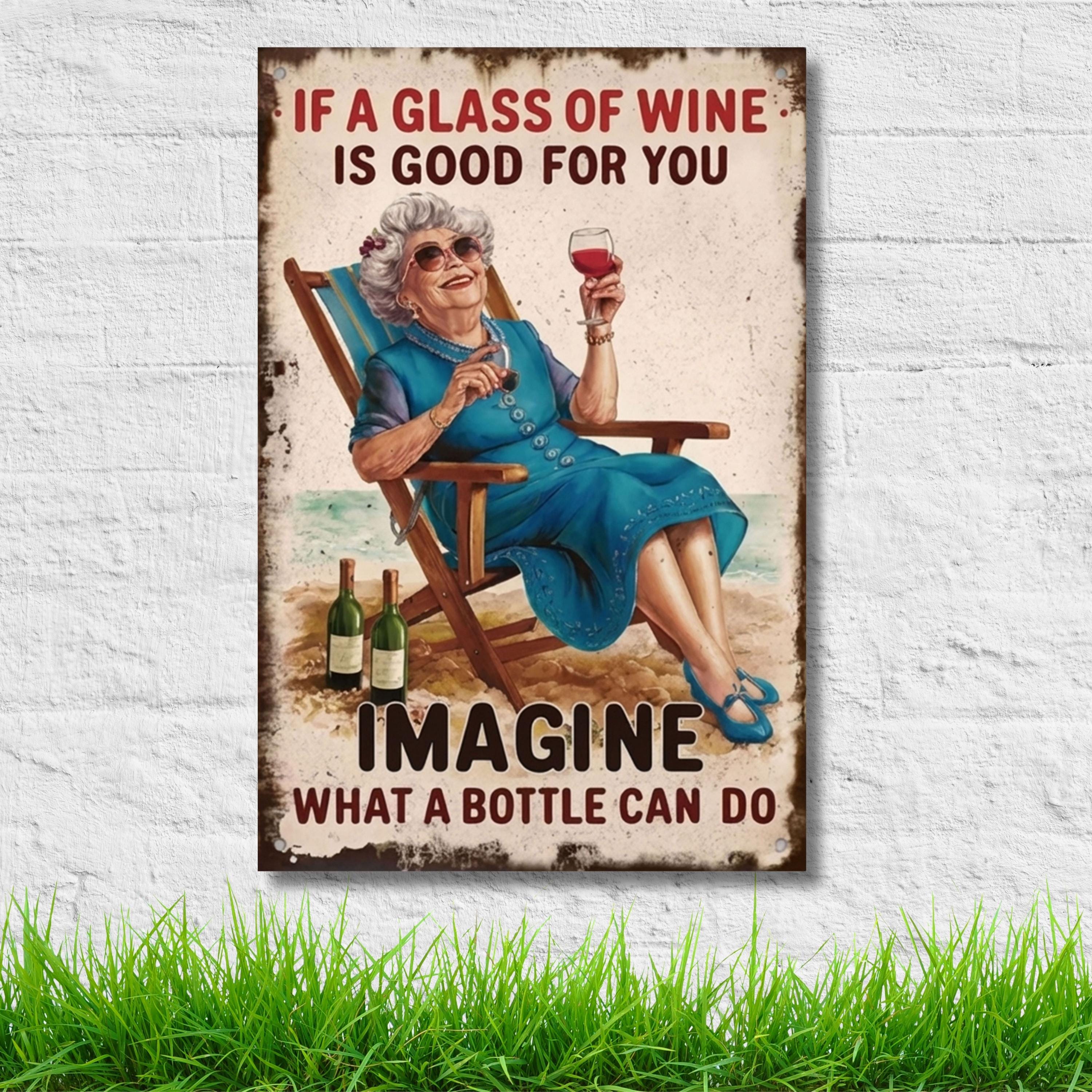 Funny Wine Metal Sign, Retro Woman Beach Wall Art, Kitchen Decor, Wine Lover Gift