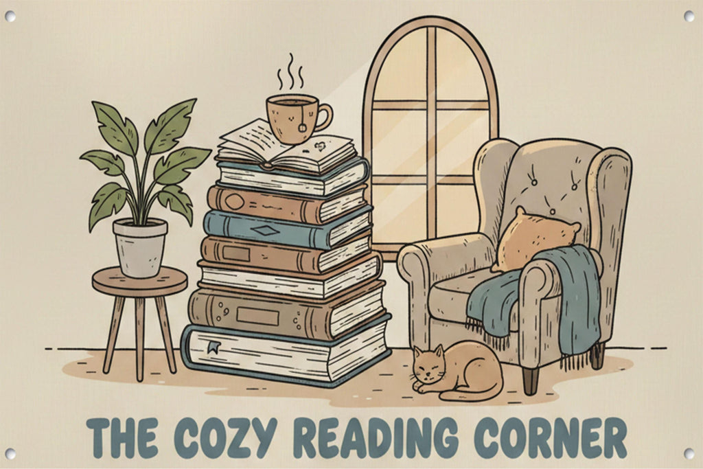 Cozy Reading Corner Metal Sign, Bookworm Armchair Decor, Cat and Books Wall Art