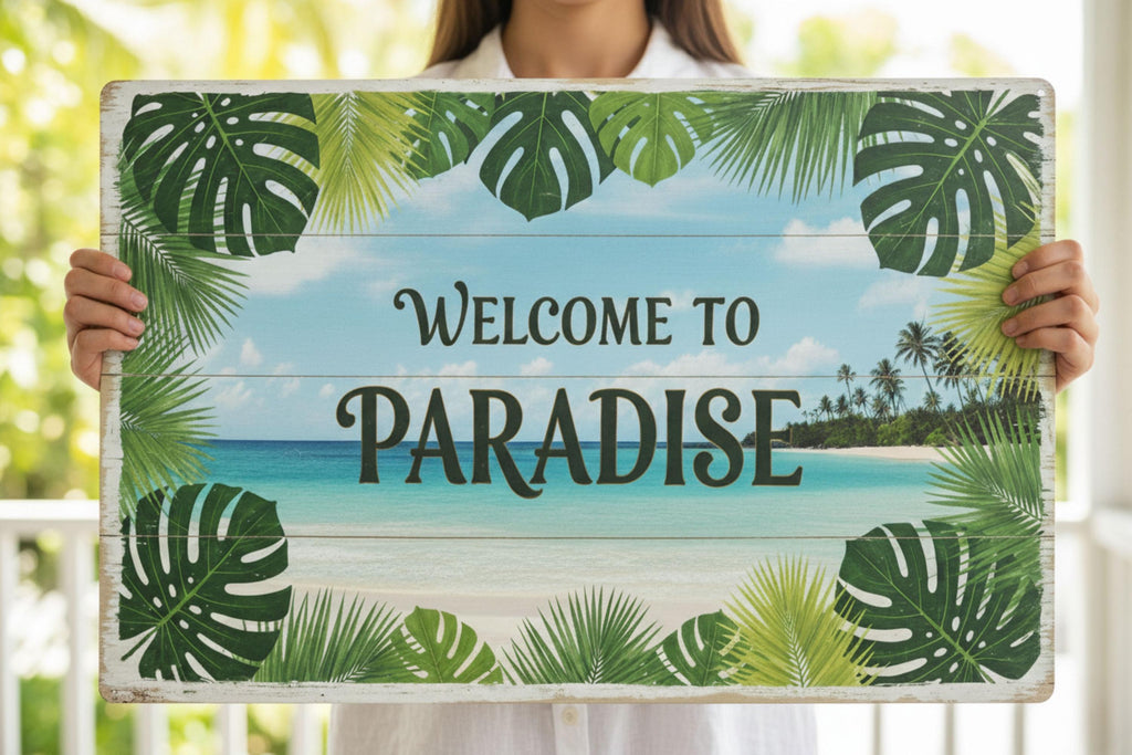 Welcome To Paradise Sign – Coastal Metal Beach House Decor With Tropical Palm Leaf Art
