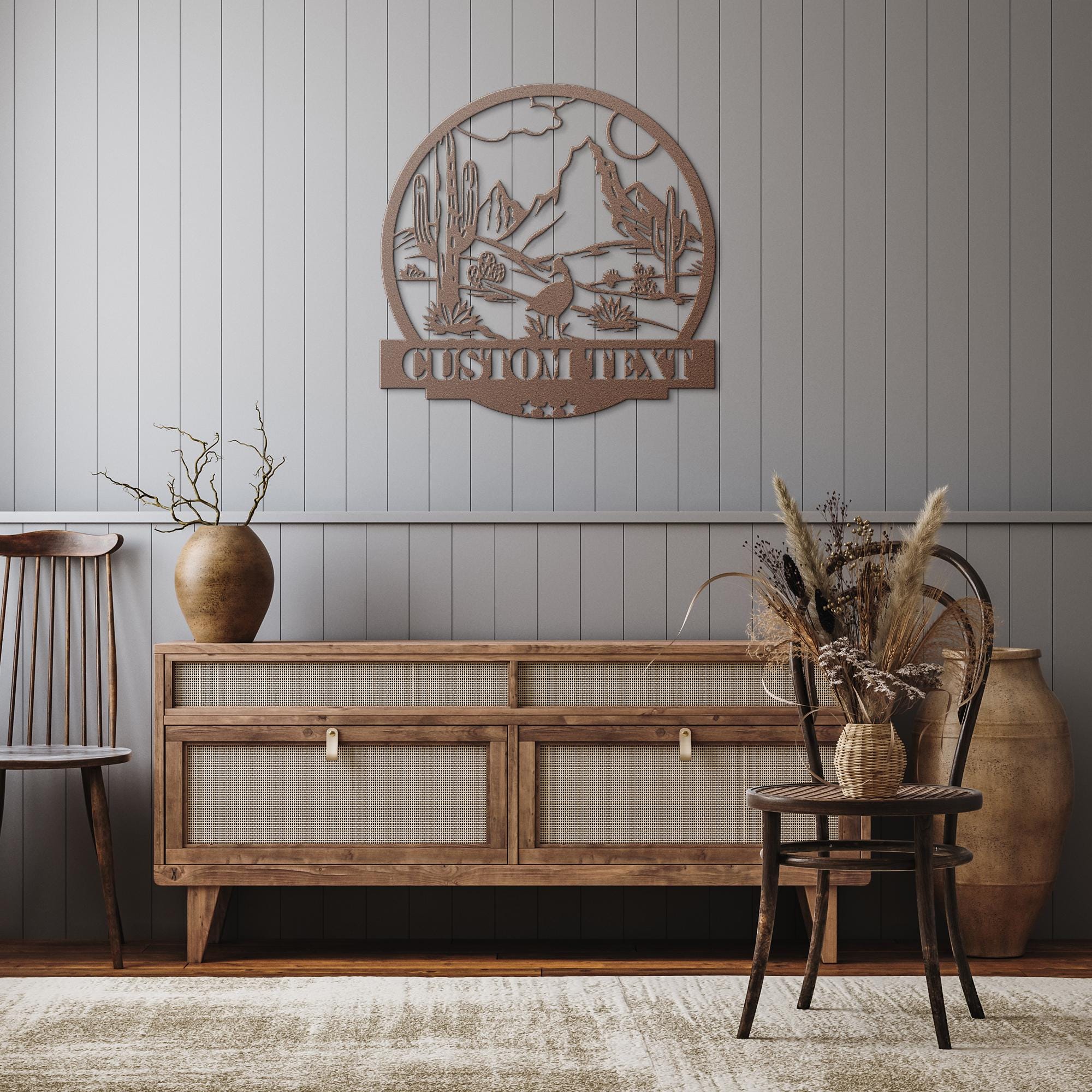 Custom Desert Metal Sign | Personalized Cactus Art | Landscape Home Decor | Southwestern Scene Die-Cut | Mountain Roadrunner Gift