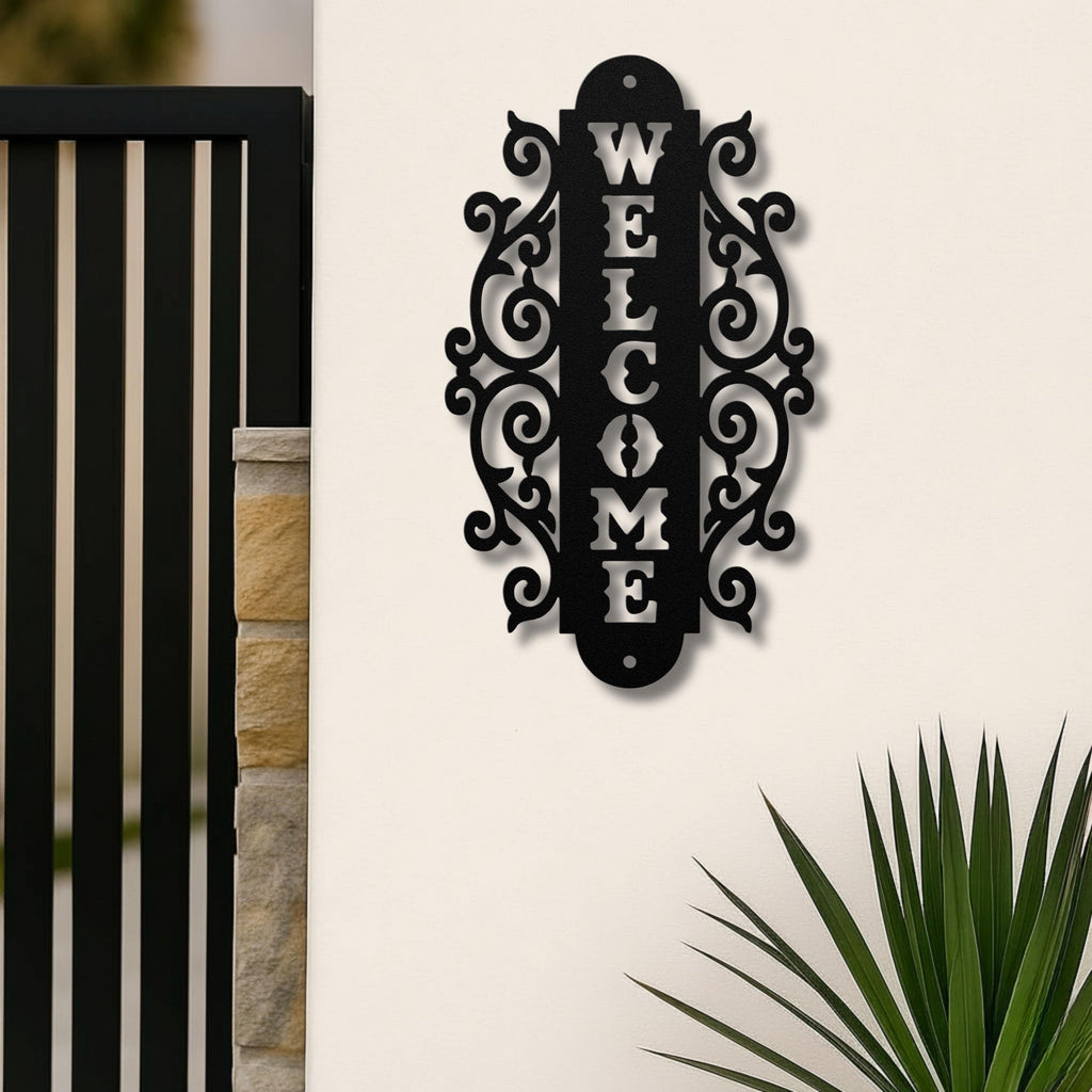 Vertical Welcome Metal Sign, Ornate Scroll Door Decor, Elegant Front Porch Wall Art