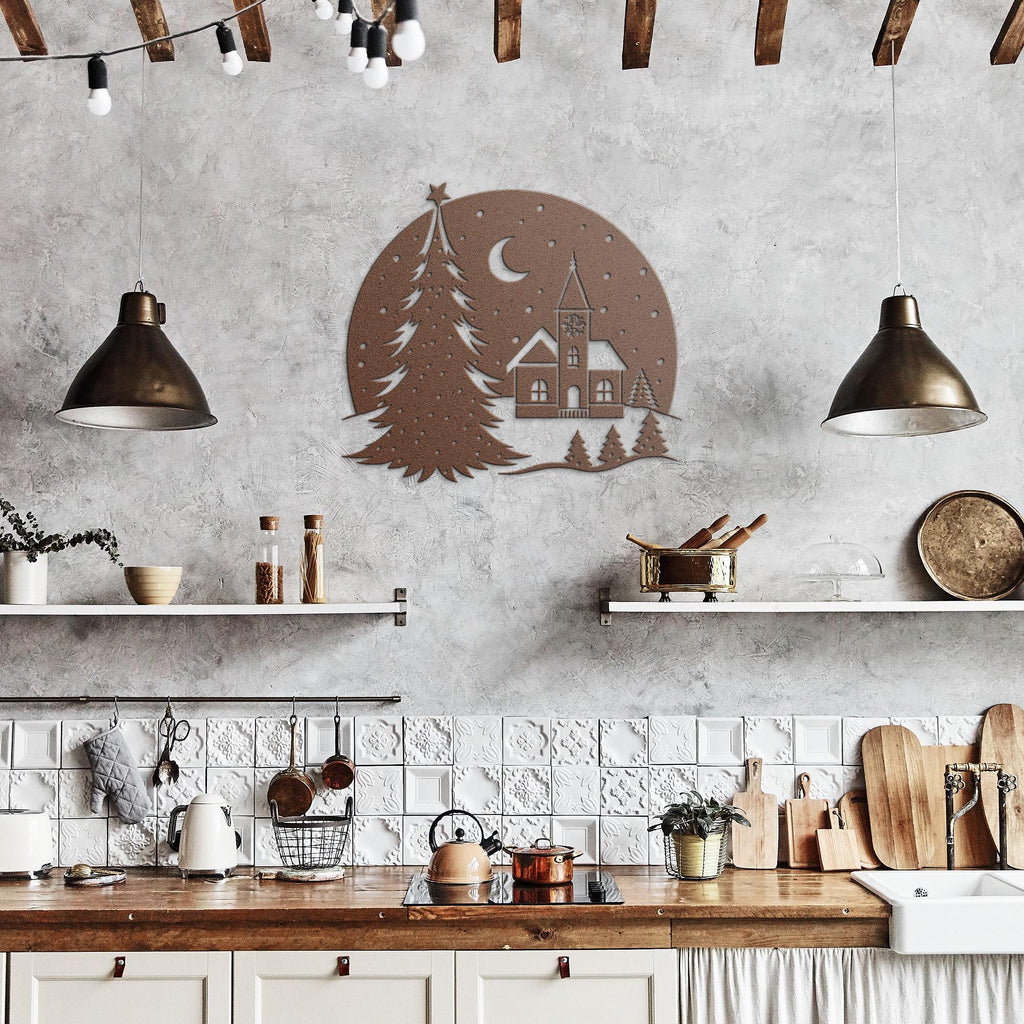 Christmas Snow Globe Metal Art, Winter Village Silhouette Wall Decor