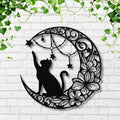 Black Cat Wall Art - Celestial Metal Decor | Crescent Moon Sign With Flower Star Design