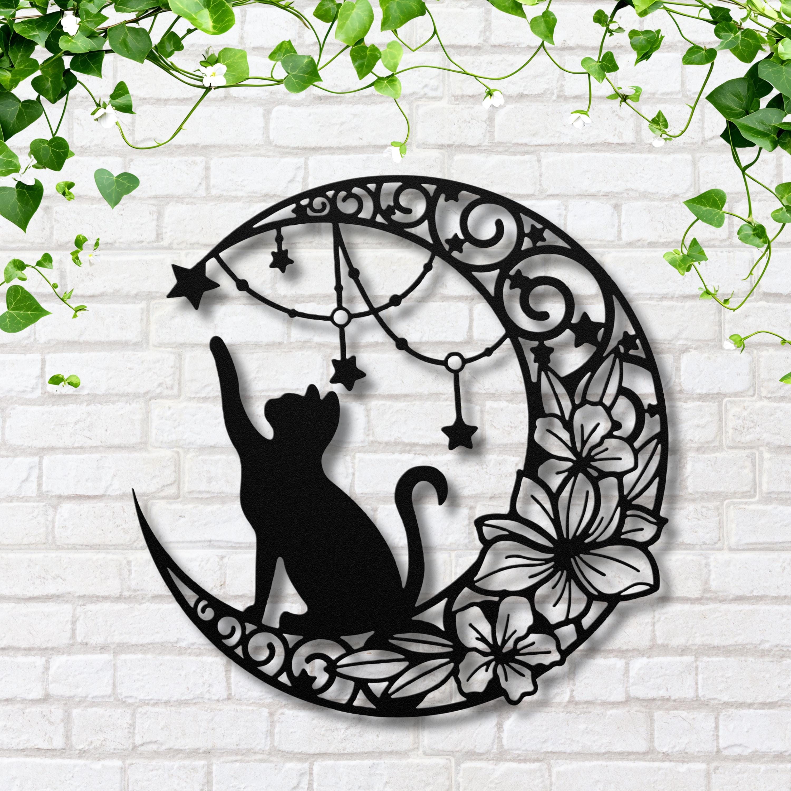 Black Cat Wall Art - Celestial Metal Decor | Crescent Moon Sign With Flower Star Design