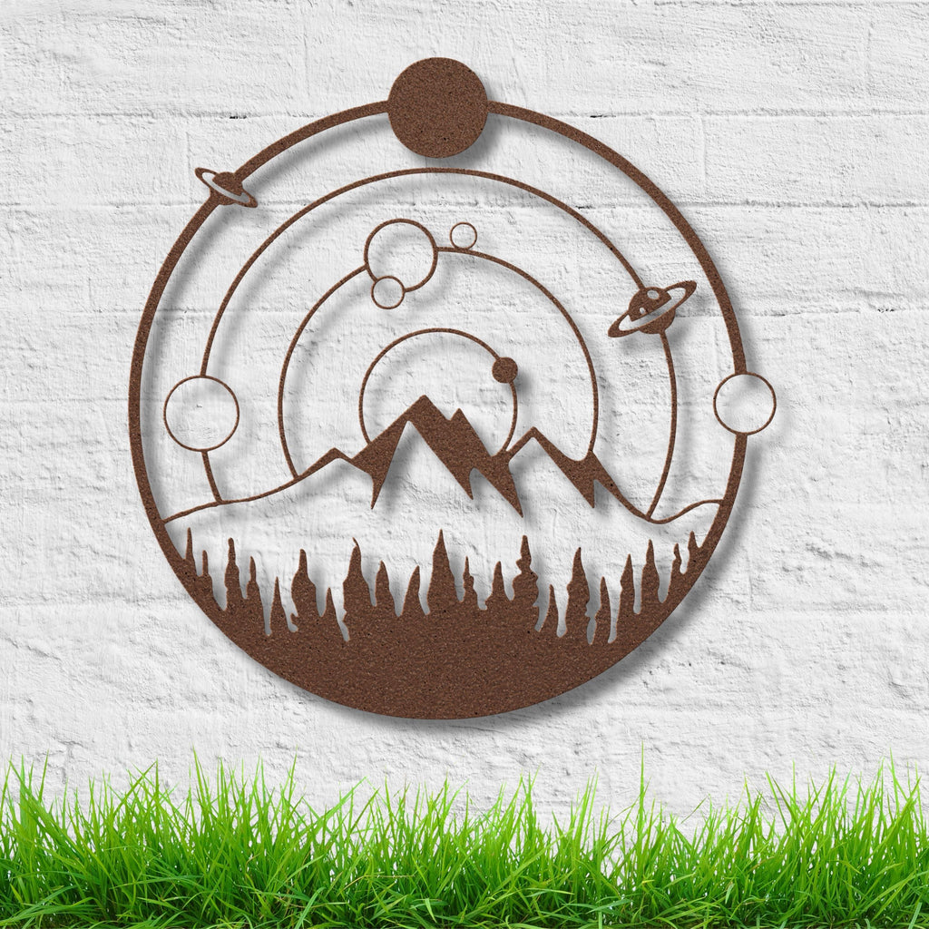 Cosmic Metal Wall Art – Mountain Metal Sign | Celestial Die Cut Forest Decor