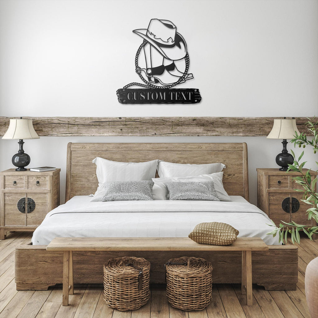 Personalized Cowboy Sign, Western Home Decor, Custom Ranch Sign, Boots & Hat Metal Art, Die Cut Wall Decor, Rustic Farmhouse Gift