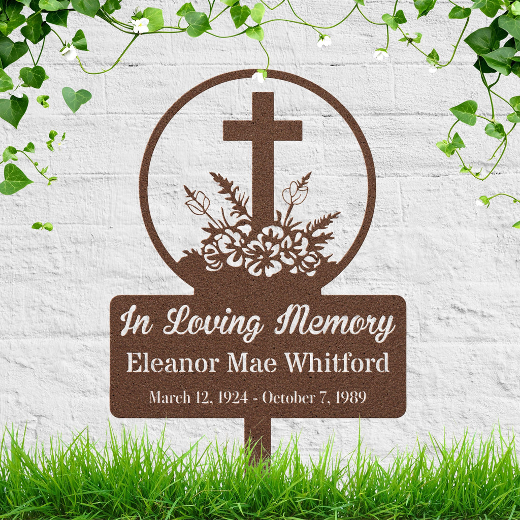 Personalized Cross Grave Marker, Flower Memorial Stake, Custom Remembrance Yard Sign