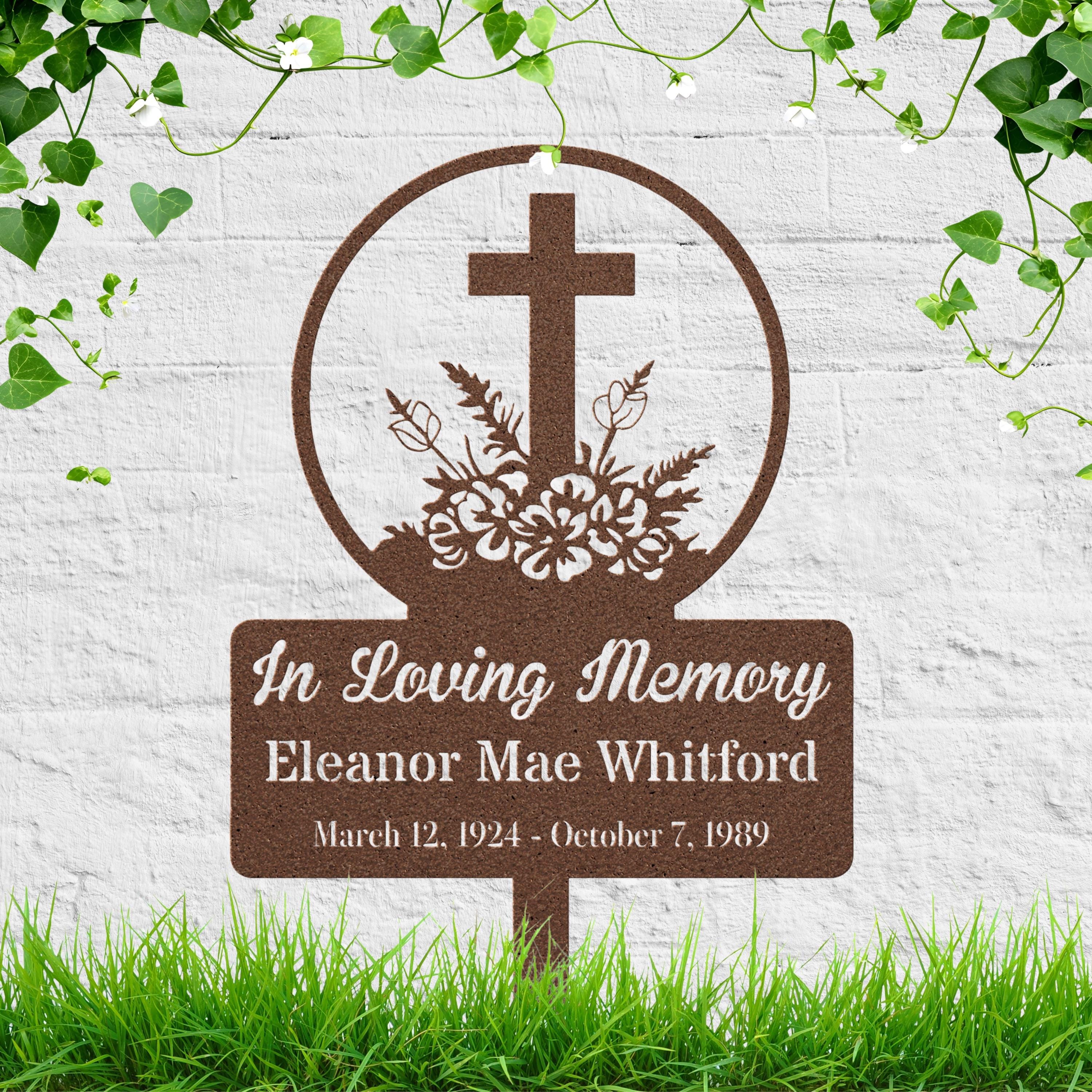 Personalized Cross Grave Marker, Flower Memorial Stake, Custom Remembrance Yard Sign