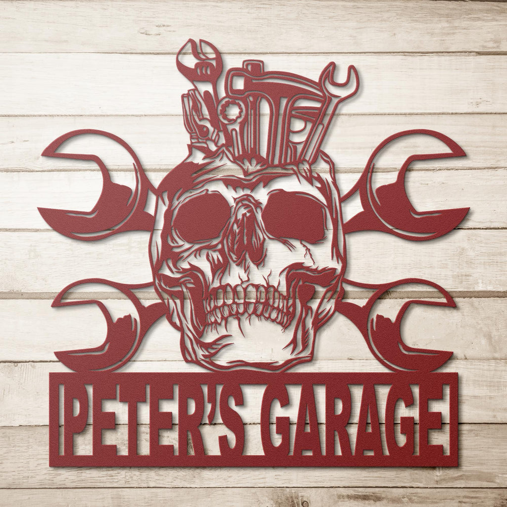 Personalized Skull Garage Metal Sign: Custom Shop Logo