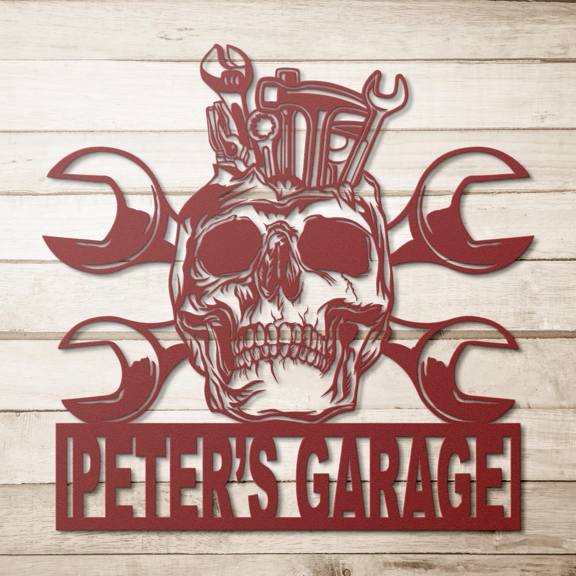 Personalized Skull Garage Metal Sign: Custom Shop Logo