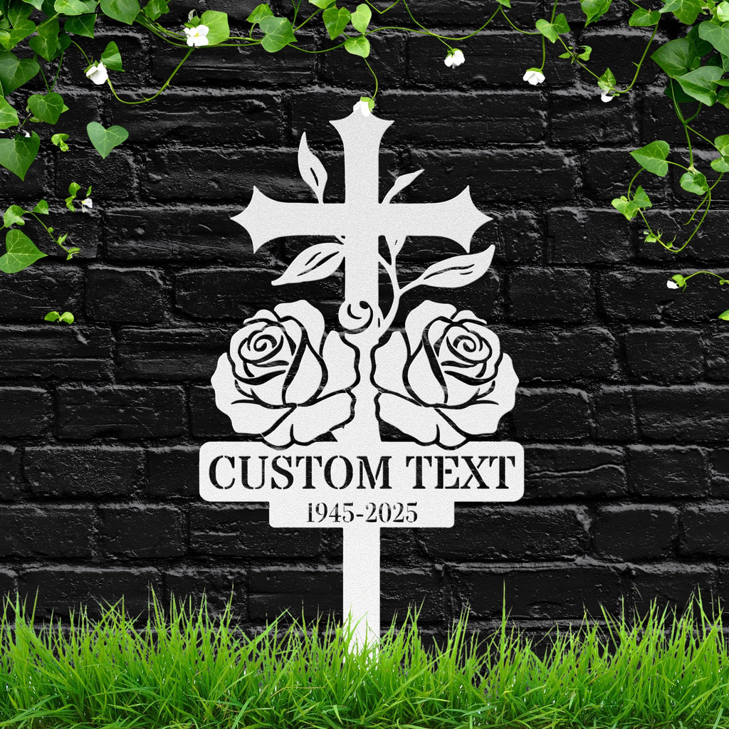 Rose Cross Memorial Grave Marker, Personalized Sympathy Gift, Custom Text Remembrance Garden Stake Plaque