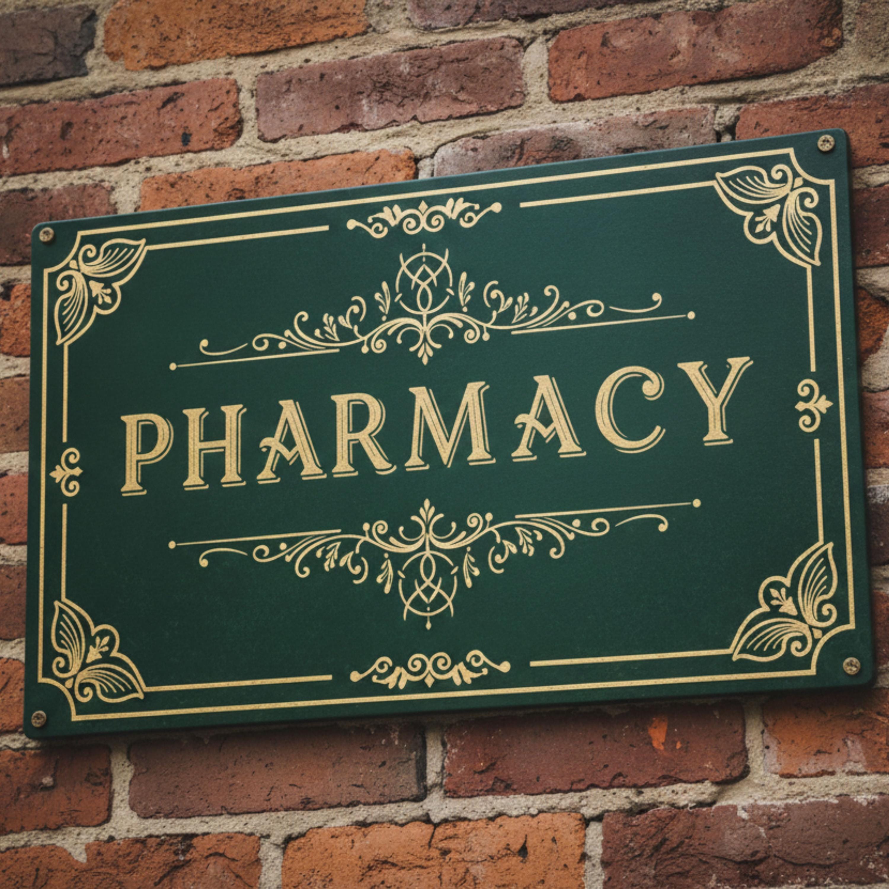 Vintage Pharmacy Metal Sign, Apothecary Wall Art Decor, Elegant Green and Gold Drugstore Plaque