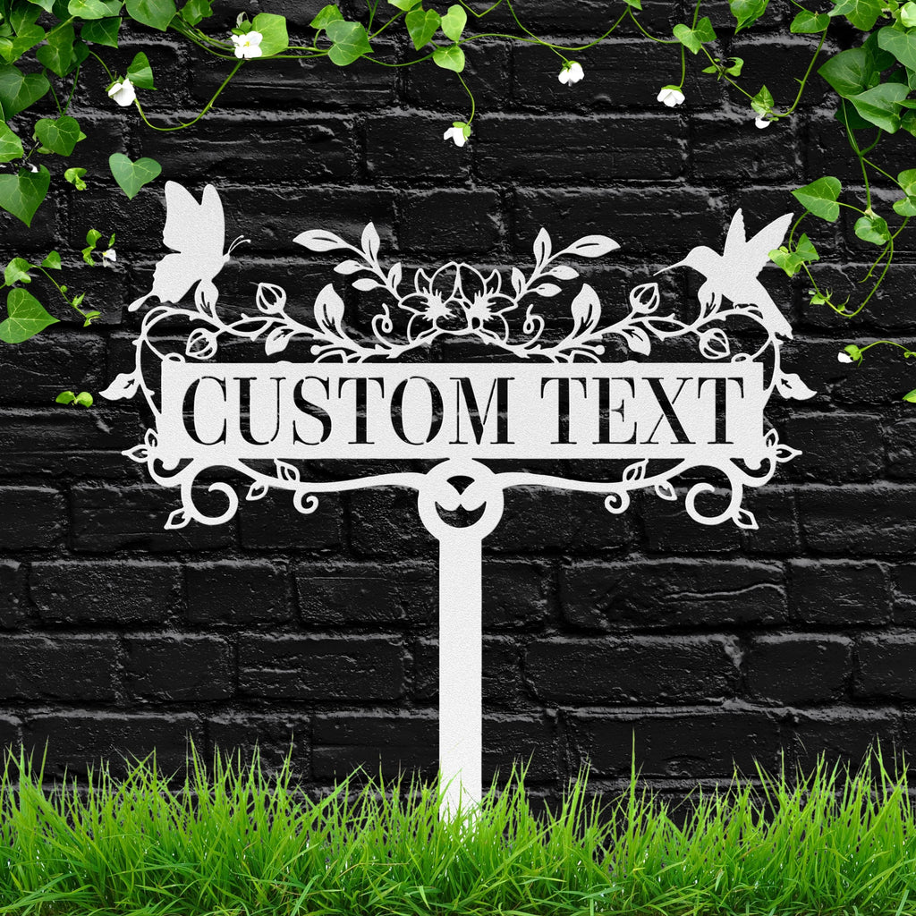 Hummingbird Butterfly Metal Garden Stake, Personalized Die-Cut Custom Text Plaque, Nature Memorial Marker, Flower Garden Art