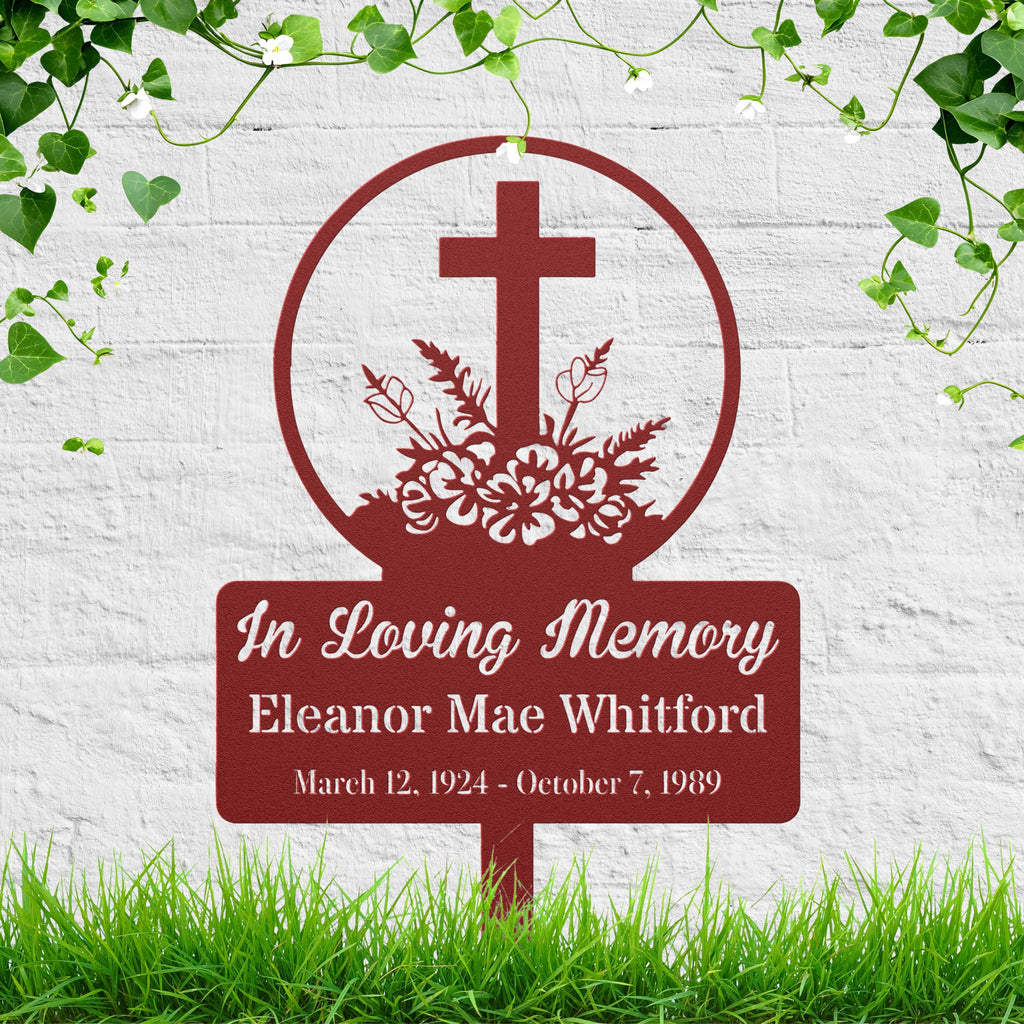 Personalized Cross Grave Marker, Flower Memorial Stake, Custom Remembrance Yard Sign
