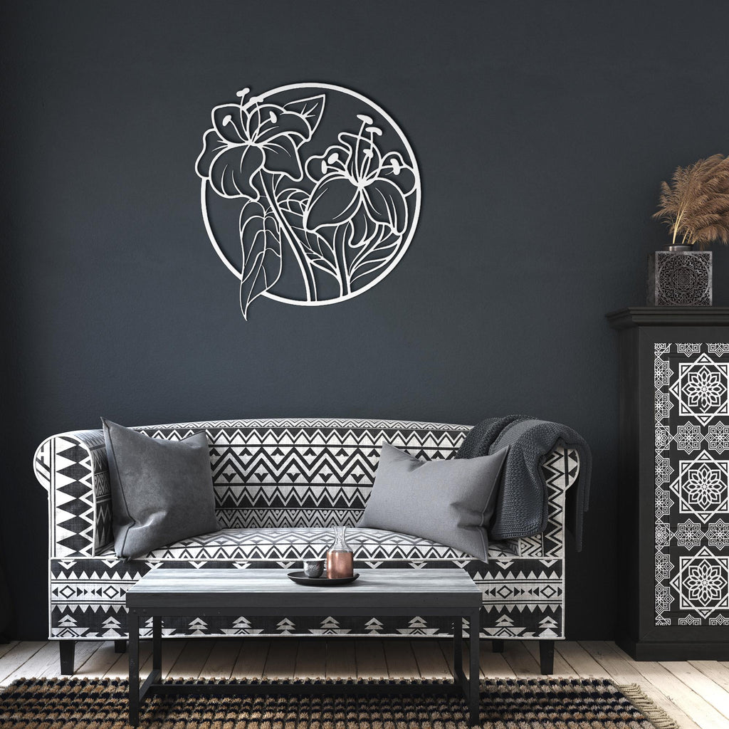 Lily Flower Metal Art – Circular Floral Sign | Minimalist Botanical Wall Decor