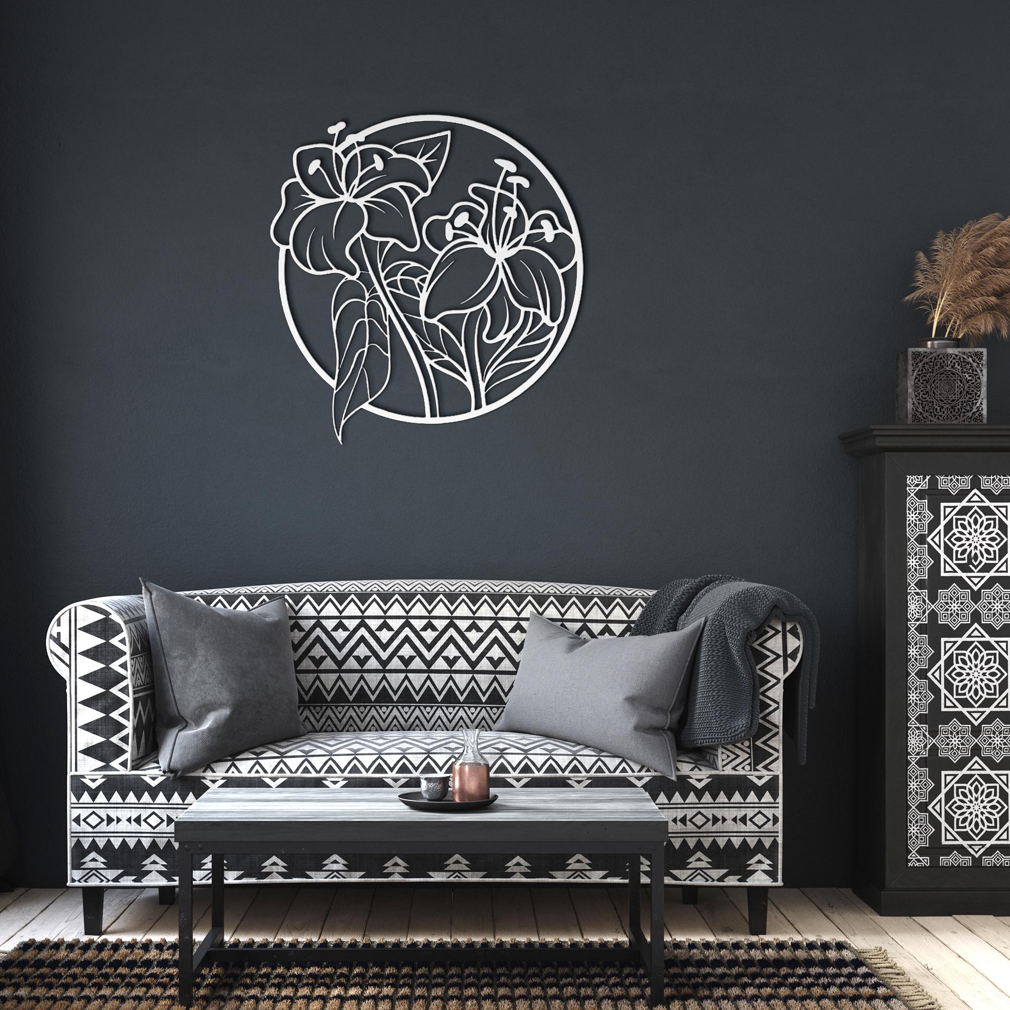 Lily Flower Metal Art – Circular Floral Sign | Minimalist Botanical Wall Decor