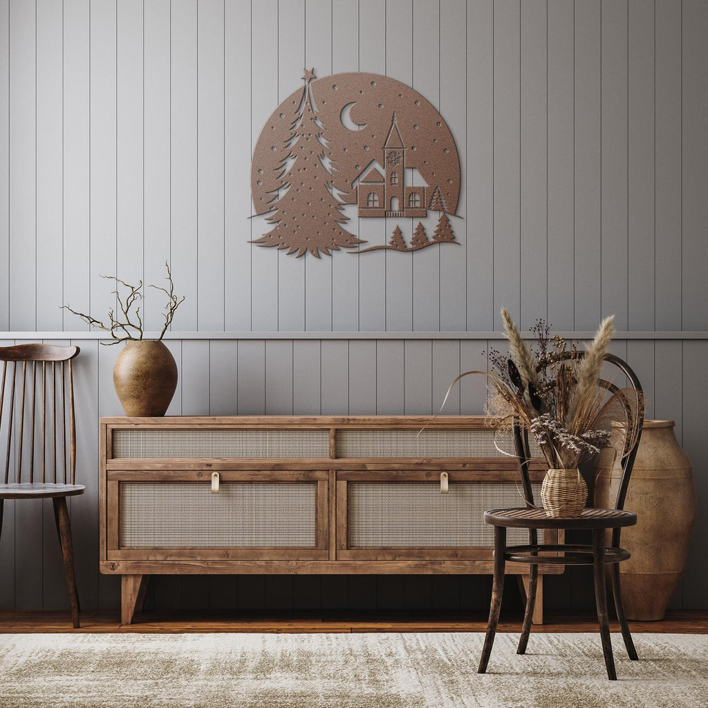 Christmas Snow Globe Metal Art, Winter Village Silhouette Wall Decor