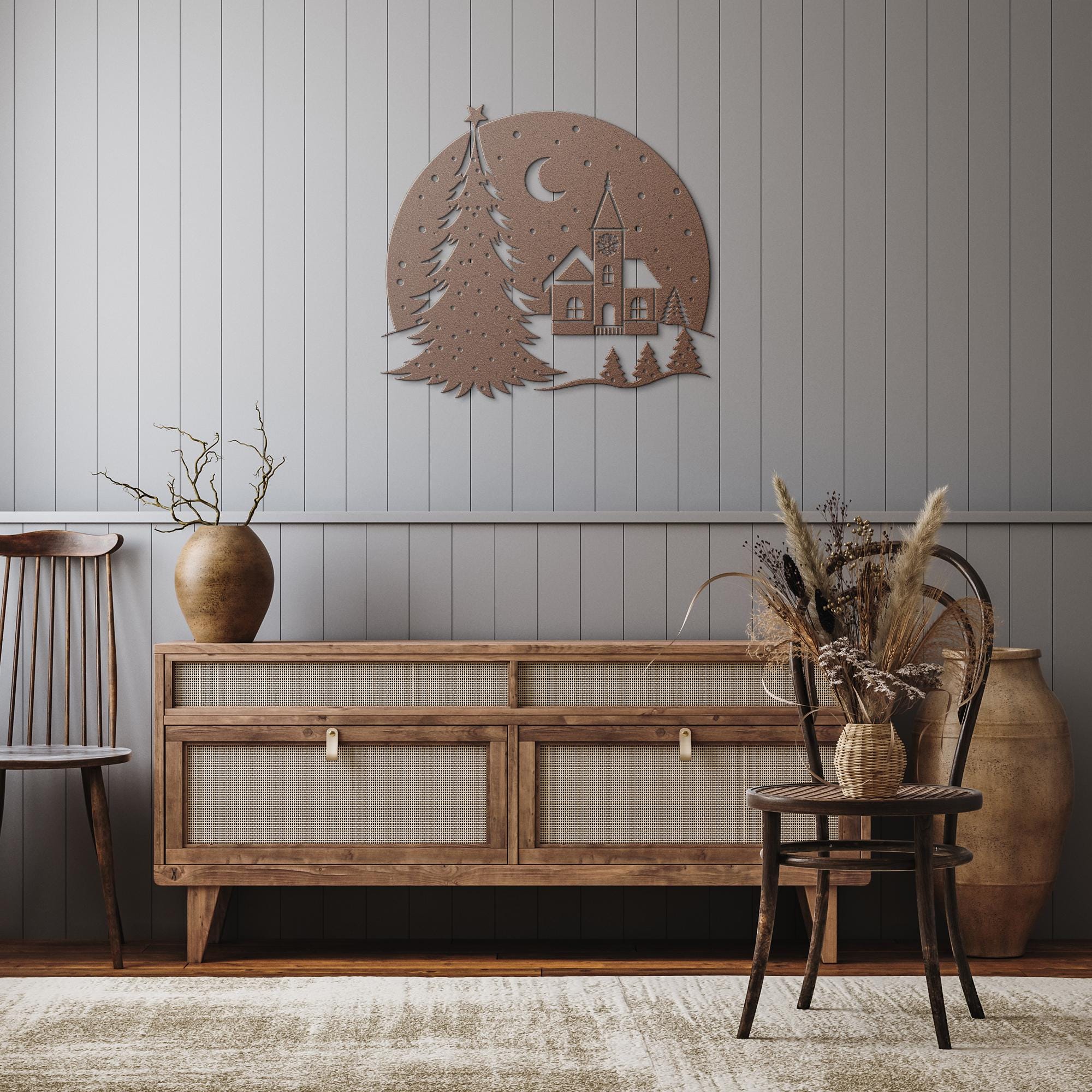 Christmas Snow Globe Metal Art, Winter Village Silhouette Wall Decor