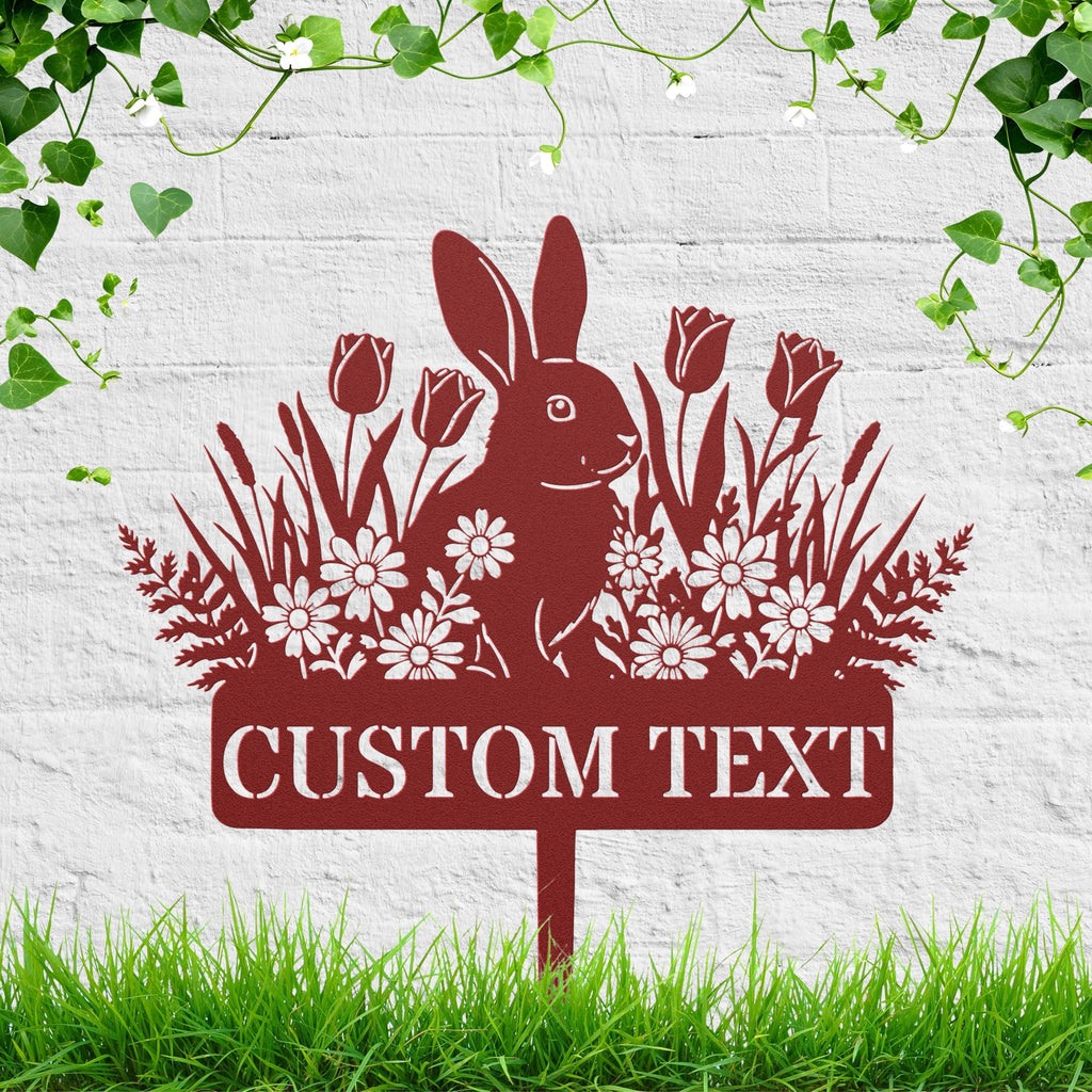 Custom Rabbit Garden Stake, Personalized Metal Yard Sign, Bunny Flower Die Cut Decor
