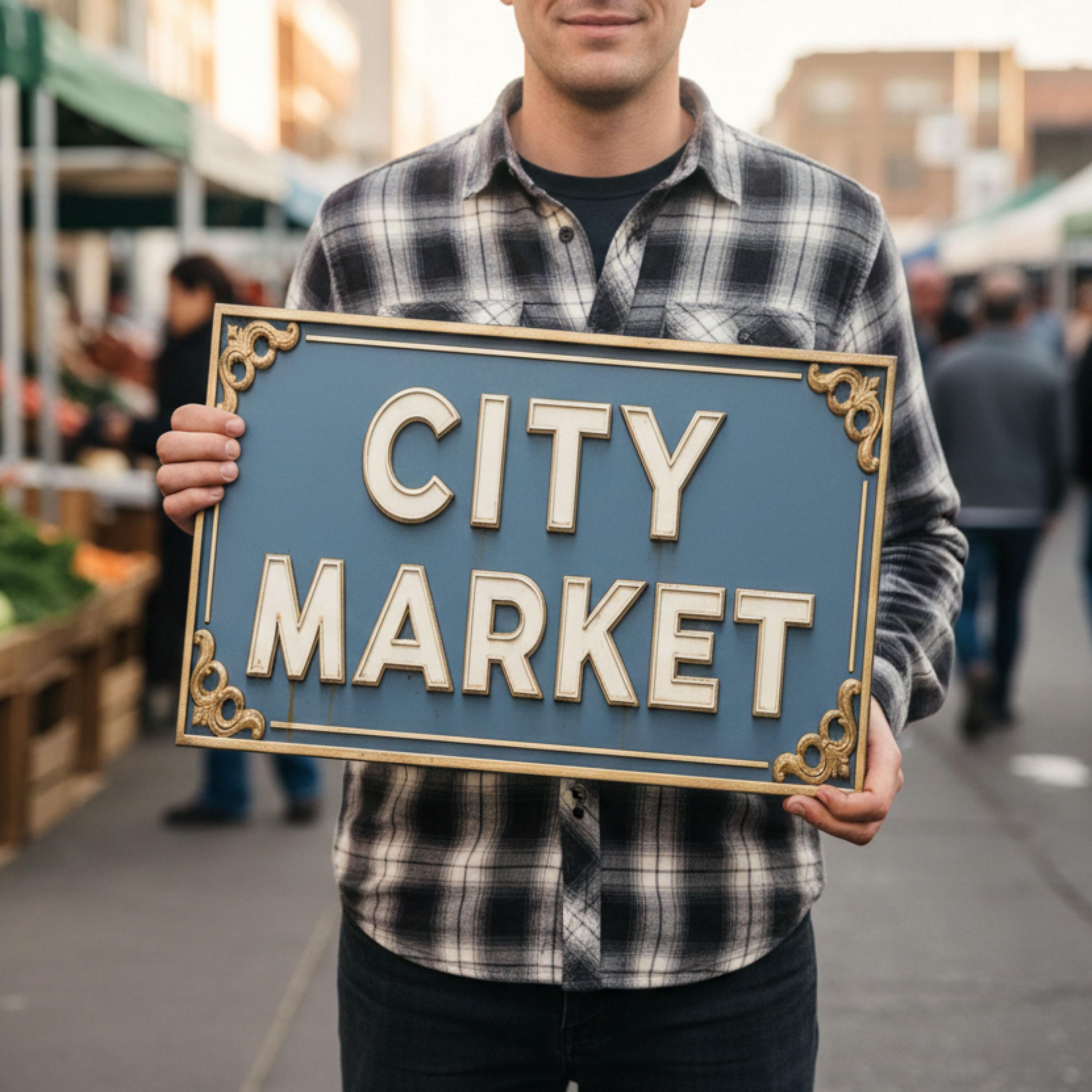 City Market Metal Sign, Vintage Farmers Market Wall Art, Retro Grocery Store Signage, Blue and Gold Decor, Town Square Plaque