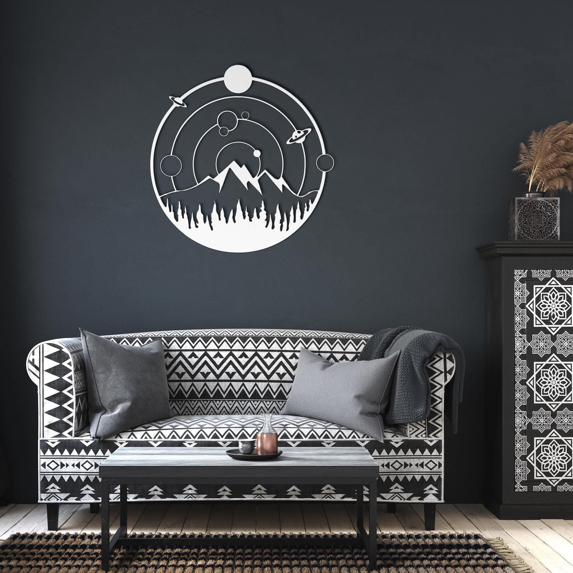 Cosmic Metal Wall Art – Mountain Metal Sign | Celestial Die Cut Forest Decor