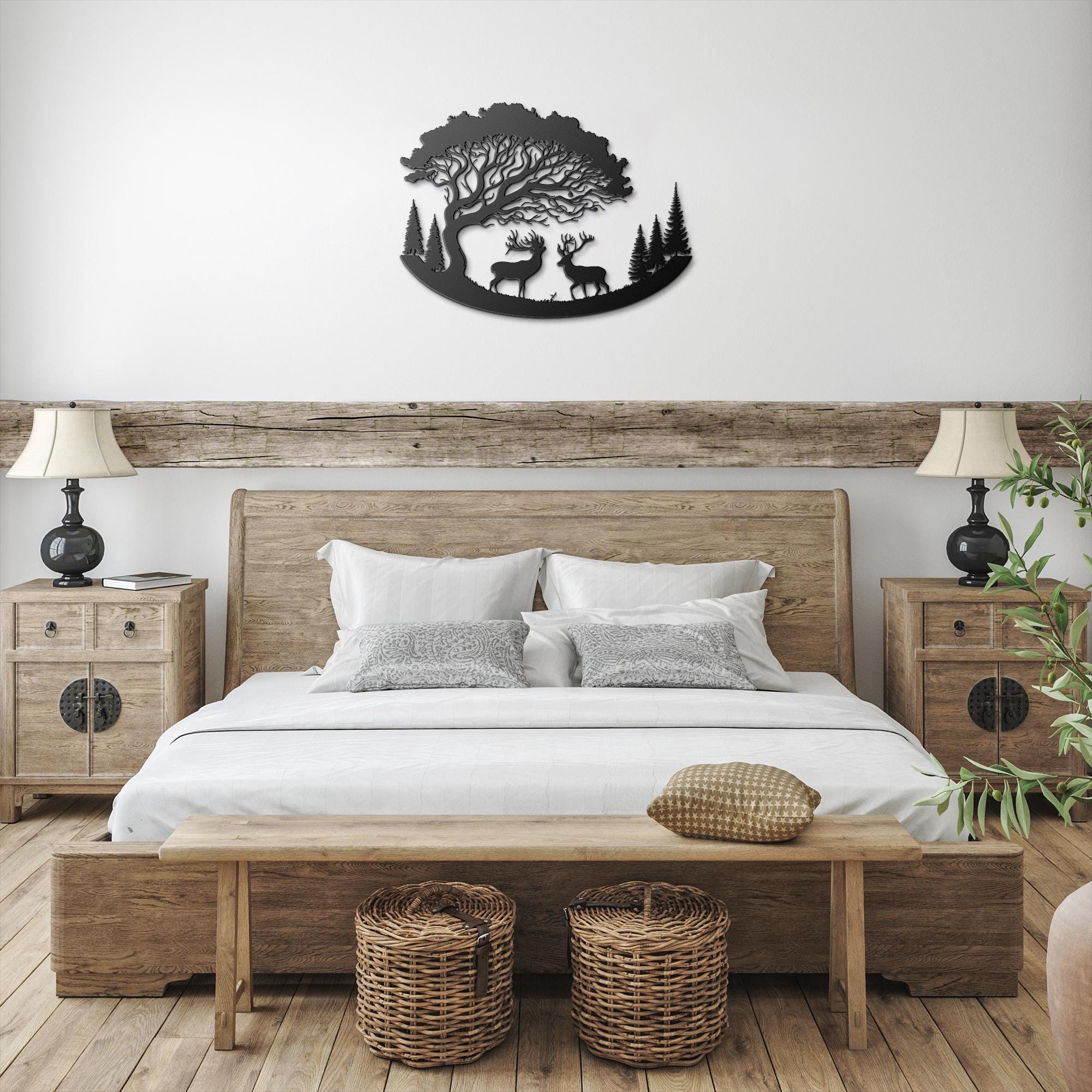 Wildlife Deer Metal Wall Art, Nature Landscape Sign, Forest Buck and Doe Decor