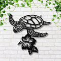 Sea Turtle Metal Wall Art: Hibiscus Flower Coastal Decor