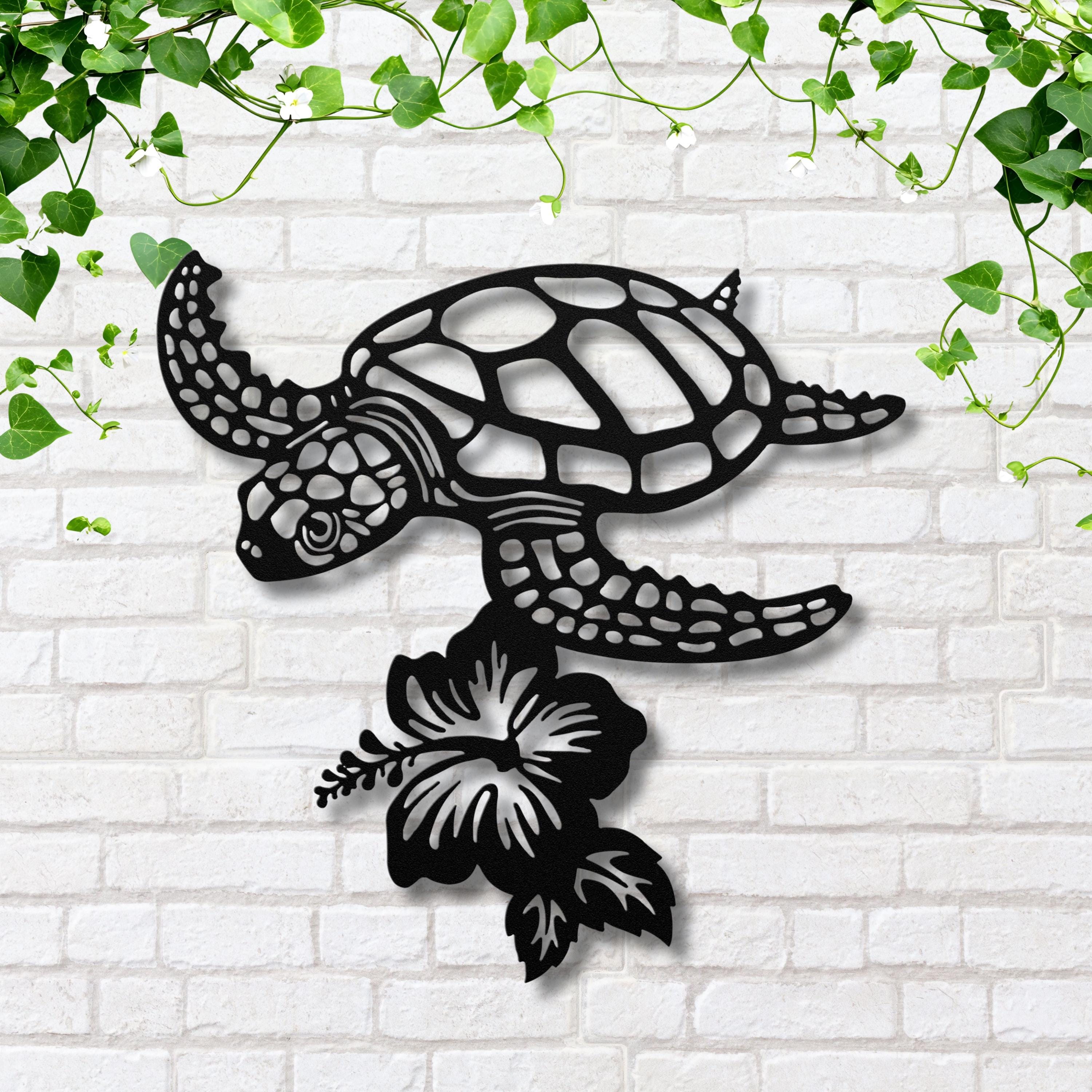 Sea Turtle Metal Wall Art: Hibiscus Flower Coastal Decor