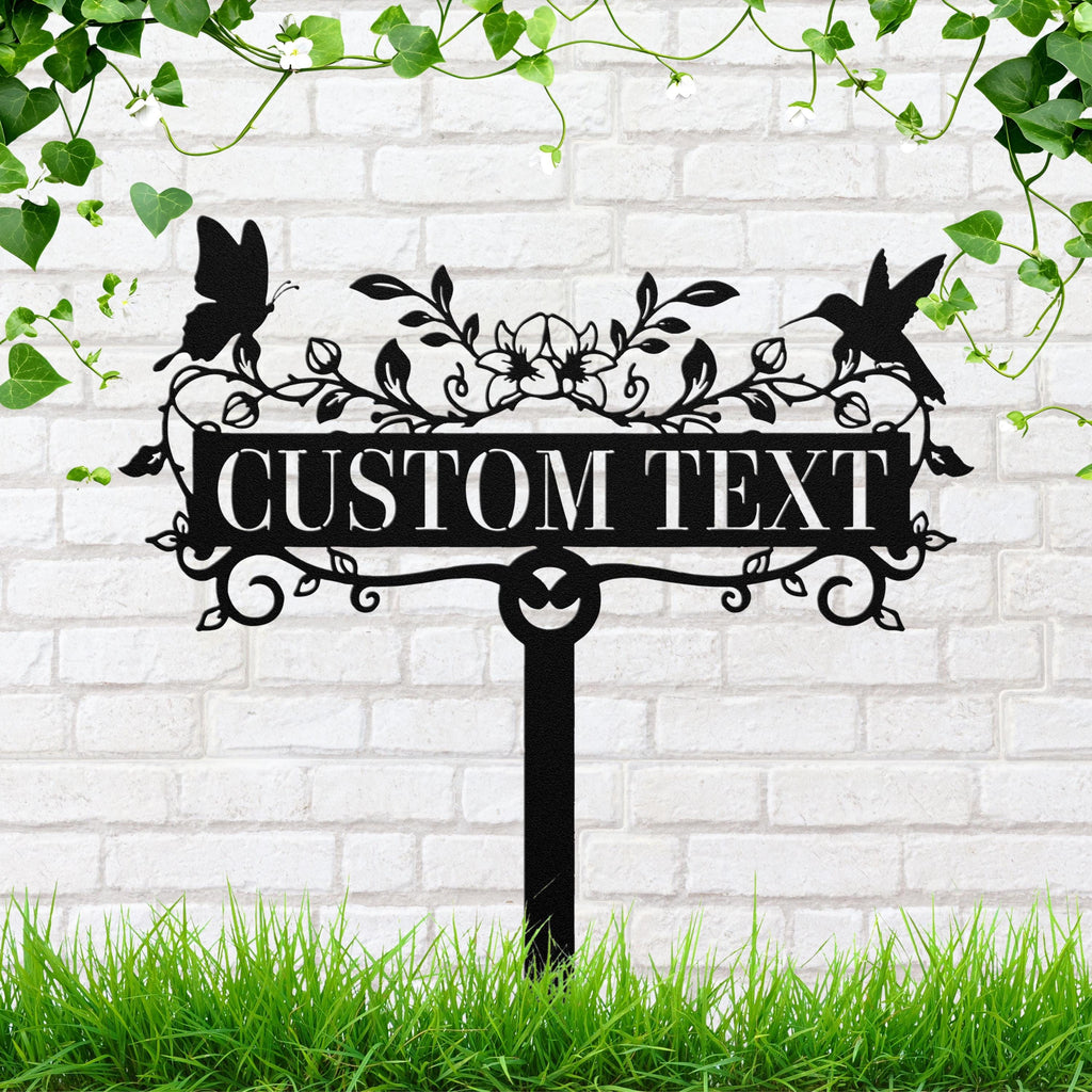 Hummingbird Butterfly Metal Garden Stake, Personalized Die-Cut Custom Text Plaque, Nature Memorial Marker, Flower Garden Art