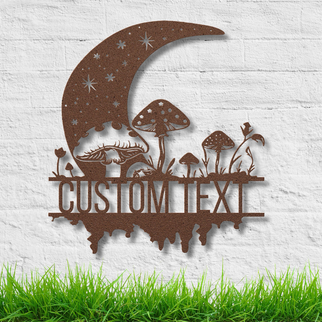 Personalized Moon and Mushroom Metal Sign, Celestial Wall Art, Forest Garden Decor