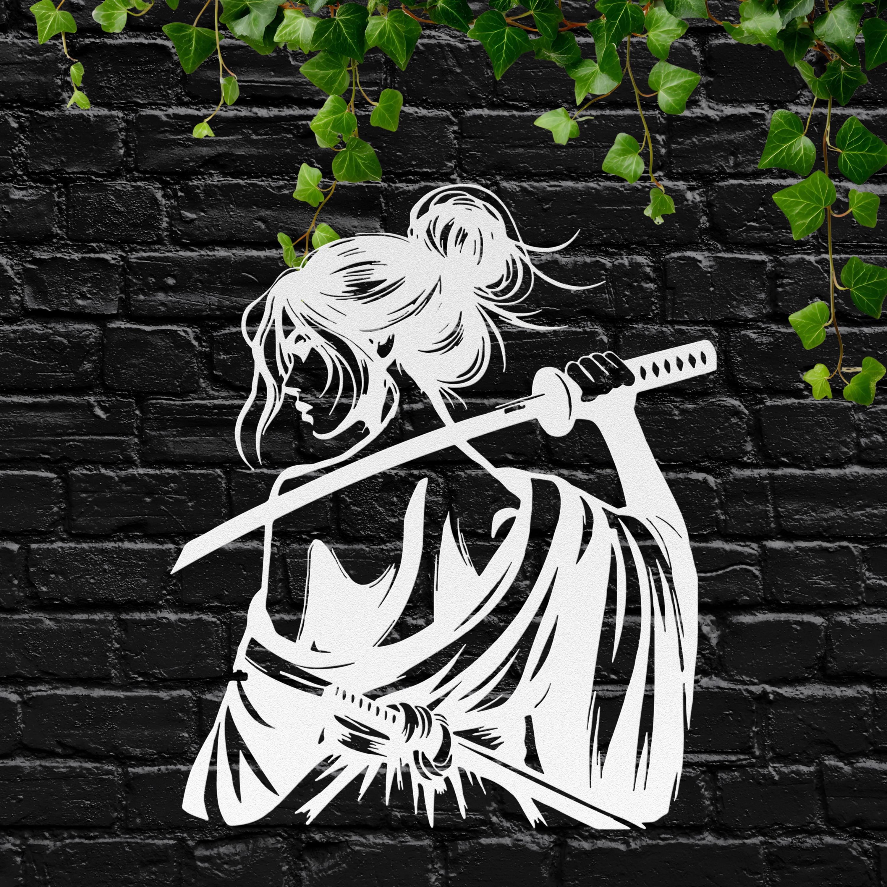 Samurai Woman Metal Wall Art, Katana Sword Die Cut Sign
