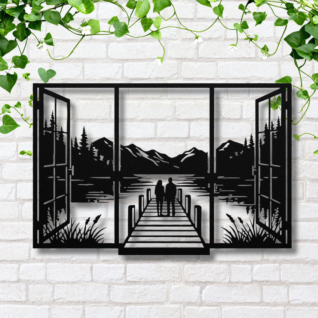 Couple on Dock Metal Wall Art, Lake House Window Decor, Romantic Mountain Sign, Love Gift