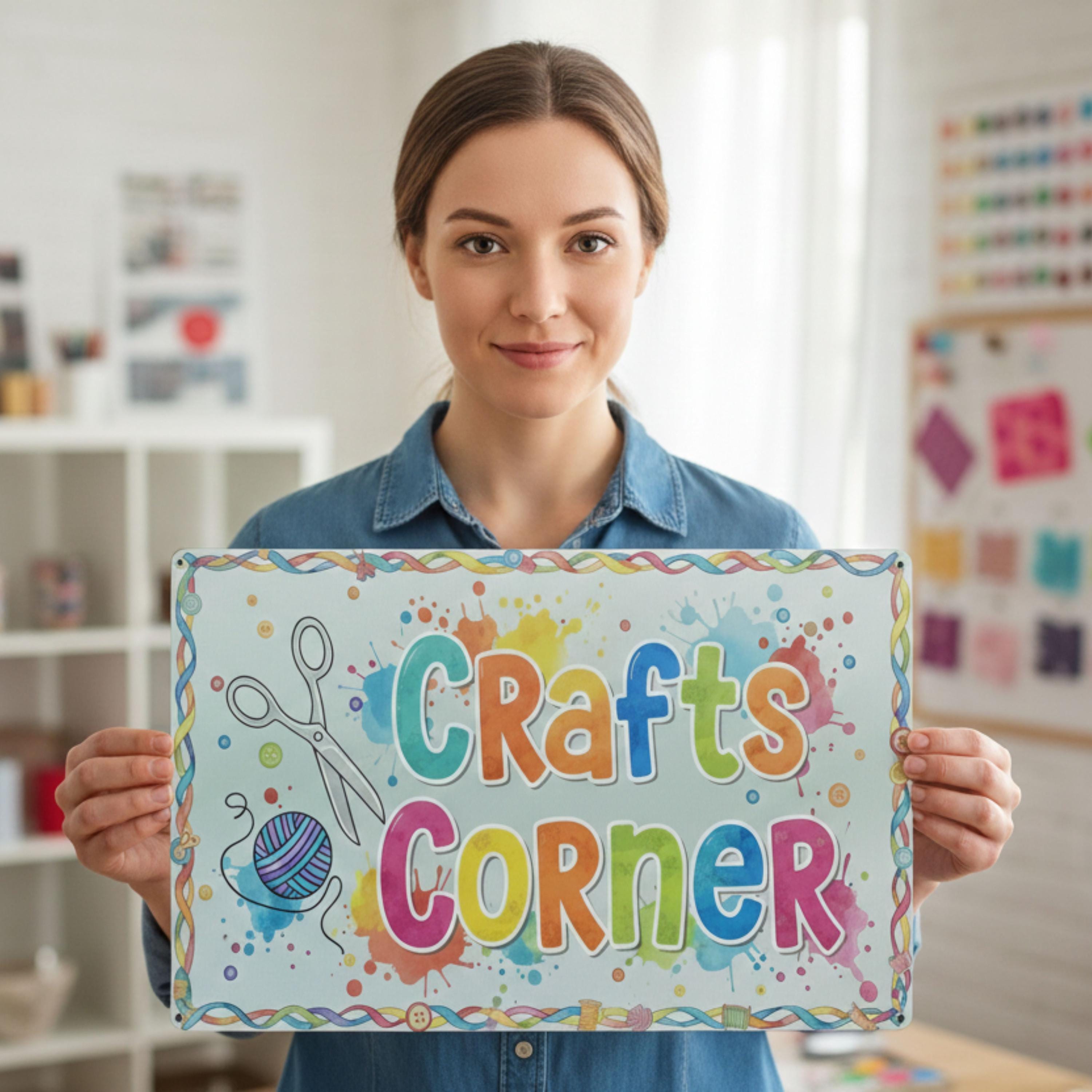 Crafts Corner Metal Sign | Colorful Craft Room Decor | Sewing Knitting Plaque | Hobby Workshop Gift | Kids Art Supplies Sign